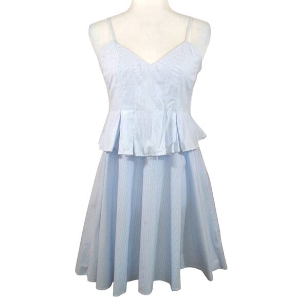 Romeo + Juliet Couture Blue White Stripe Peplum Preppy Strap Fit & Flare Dress M - Picture 1 of 13